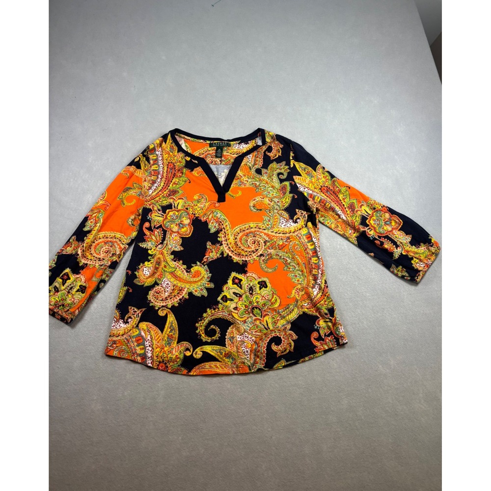 Lauren Ralph Lauren Orange Navy Paisley V-Neck 3/4 Sleeve Top Women M